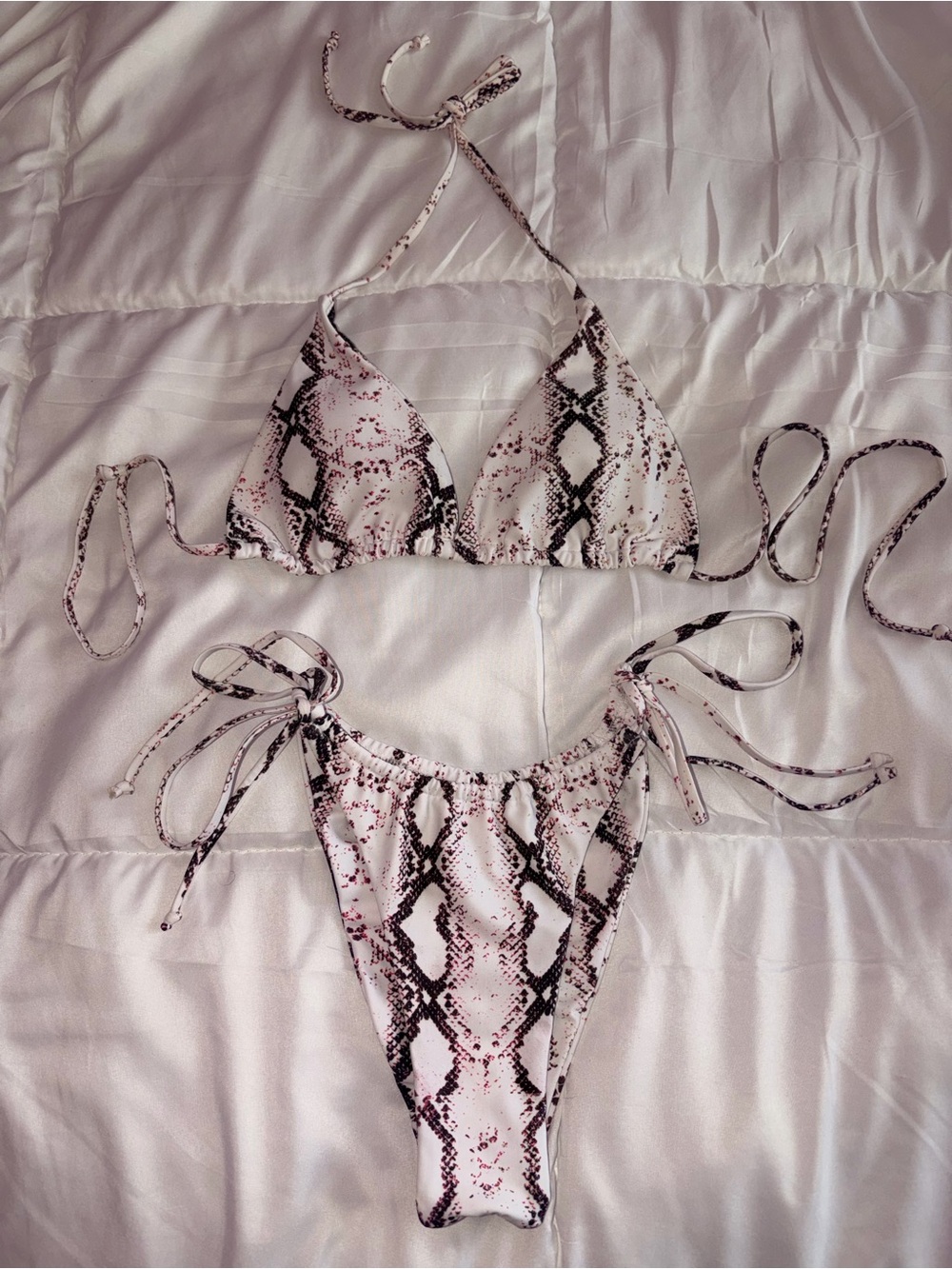 Snake Print Tie-Side Bikini Set - White